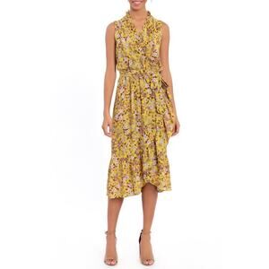 LONDON TIMES Woman Mini Garden Ruffle Wrap Dress In Yellow 22W